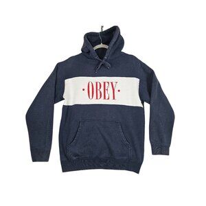 Obey Navy & Cream Hoodie With Red Logo Print Size Small